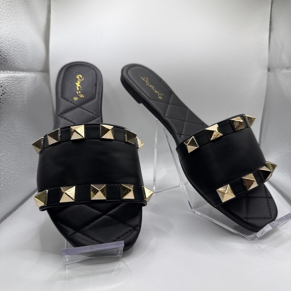 Black Quilted Slip-On Studded Sandals With Gold  Studs By Qupid‎ Womens Size 7